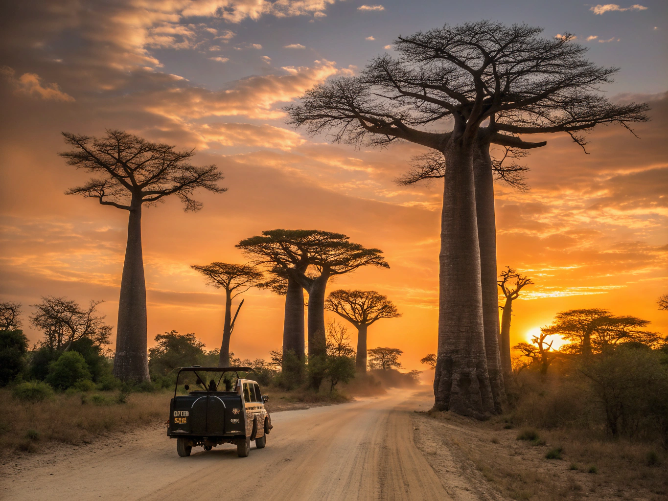 Majestic baobab trees at sunset
